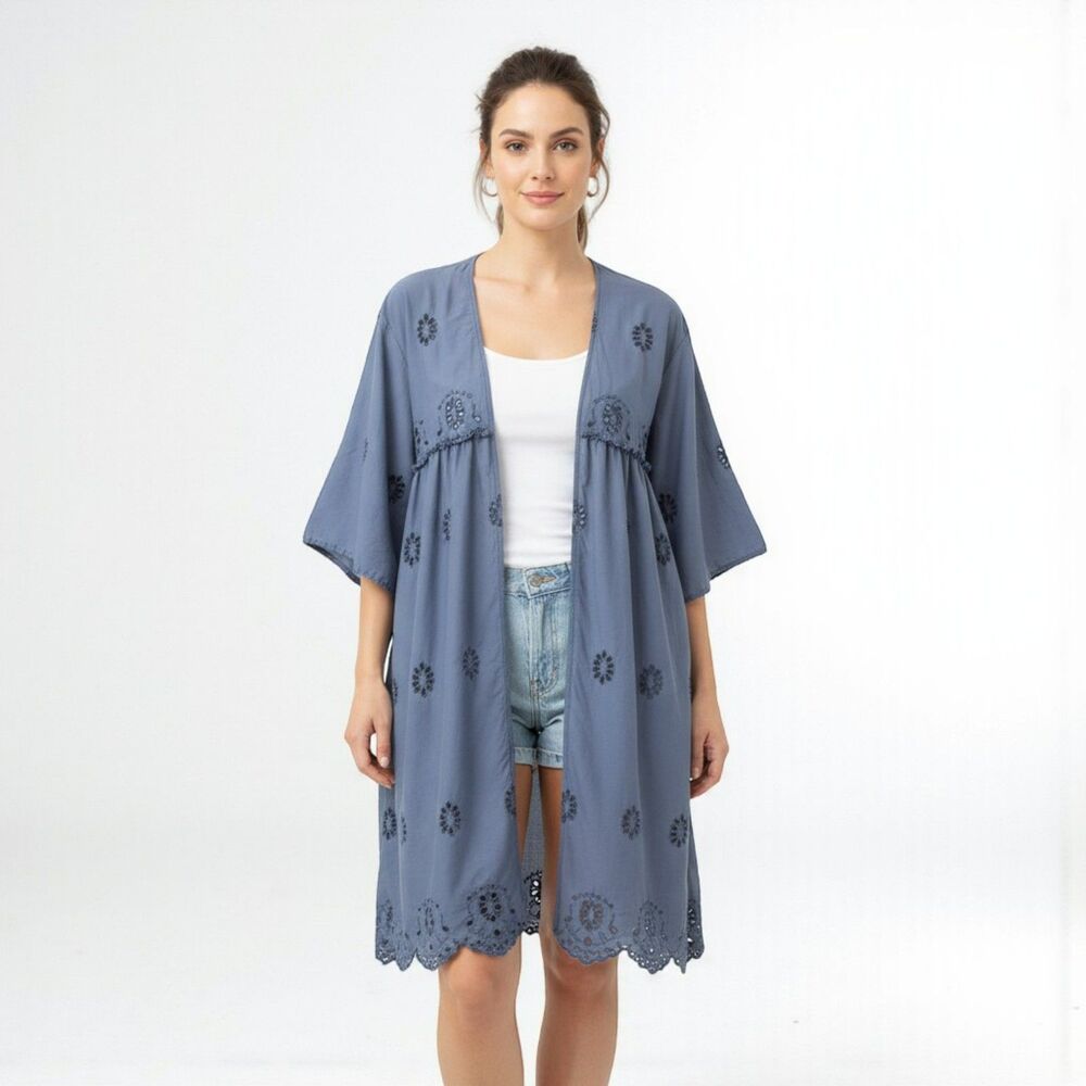 American Eagle Indigo Embroidered Kimono Duster XS/S Lace Caftan Cover Up